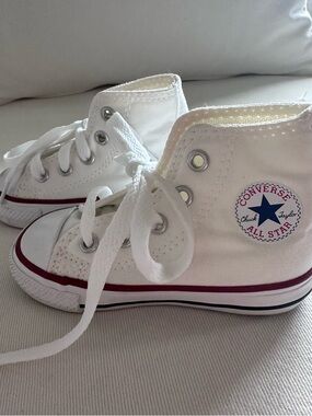 Converse Kids White High-Top Sneakers with Red Trim and Blue Star Patch